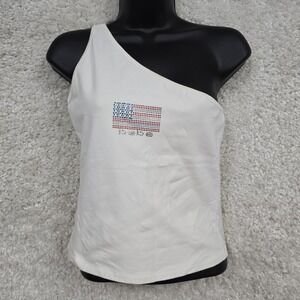 Bebe bbsp One Shoulder Tank Top Womens L White Rhinestone USA Flag Y2K Glam